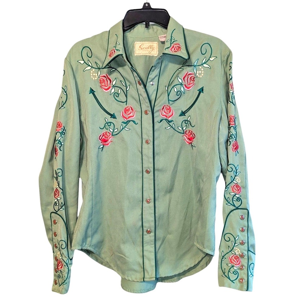 VTG Scully Western Shirt Womens Medium Green Rose Embroidered Snap Front PL-671